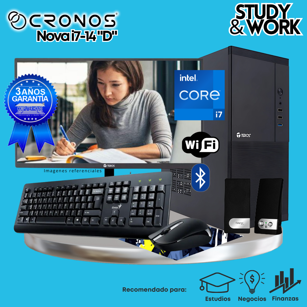 PC CRONOS Nova i7-14 "D", RAM 32GB DDR5, SSD 2TB, Monitor 27″ FHD, Wi-Fi & Bluetooth, Kit Teclado + Mouse, Parlantes o Audífono.