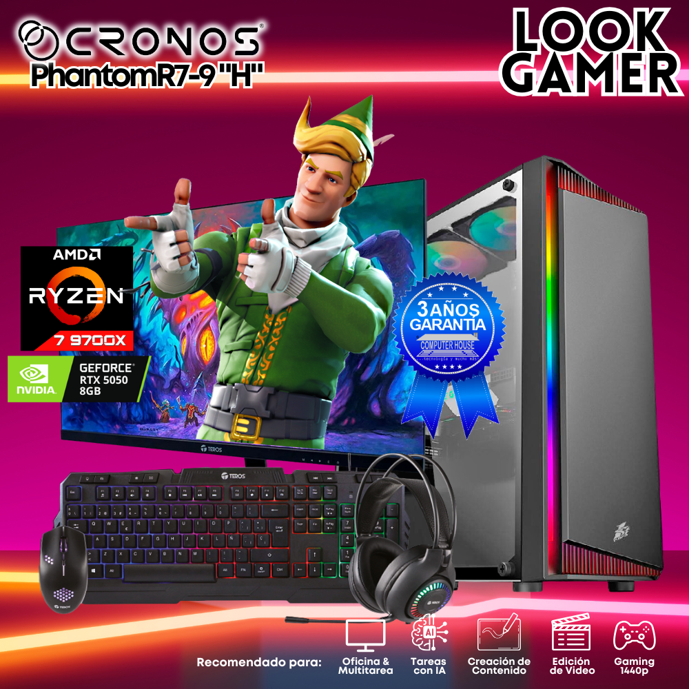 PC Look Gamer CRONOS Phantom R7-9 "H", RAM 16GB DDR5, SSD 1TB, Monitor 27″ FHD, Nvidia GeForce RTX5050 8GB.