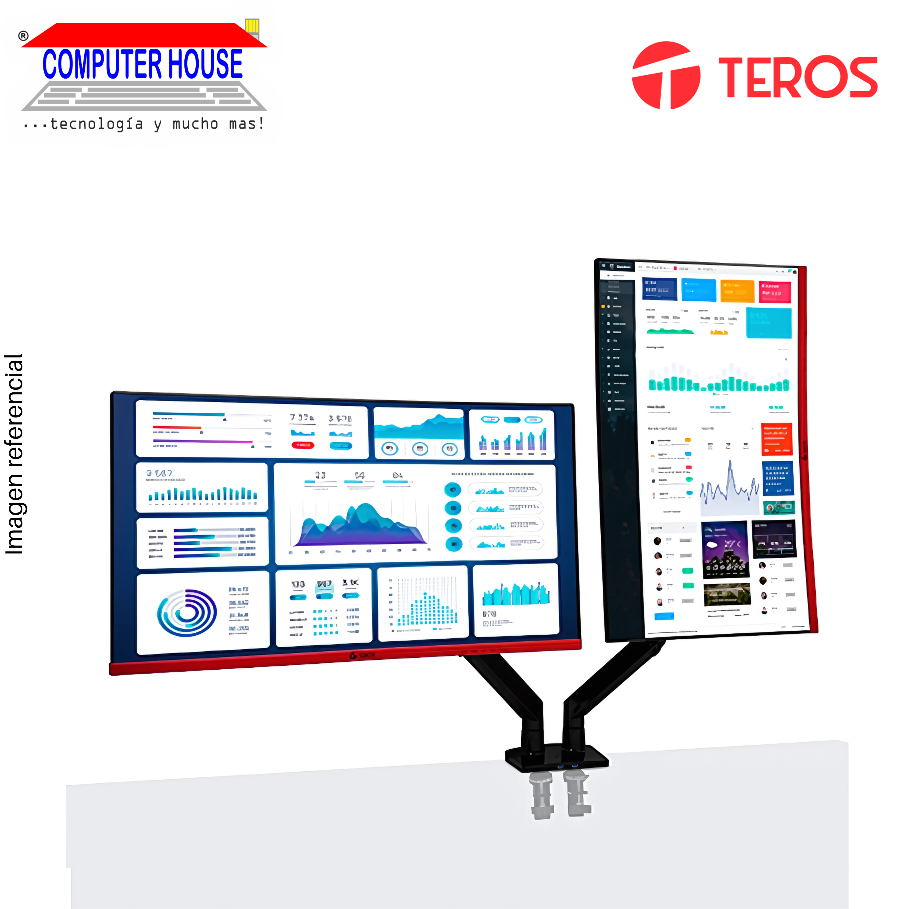 Rack para 2 Monitores Teros TE-7114, Retráctil, Tamaños 22-32", Posición del Monitor Vertical y Horizontal, Soporta hasta 7,9Kg.