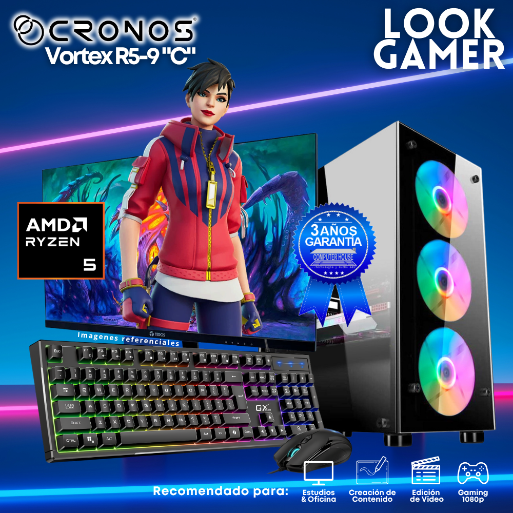 PC Look Gamer CRONOS Vortex R5-9 "C", RAM 16GB DDR5, SSD 1TB, Monitor 27″ FHD.