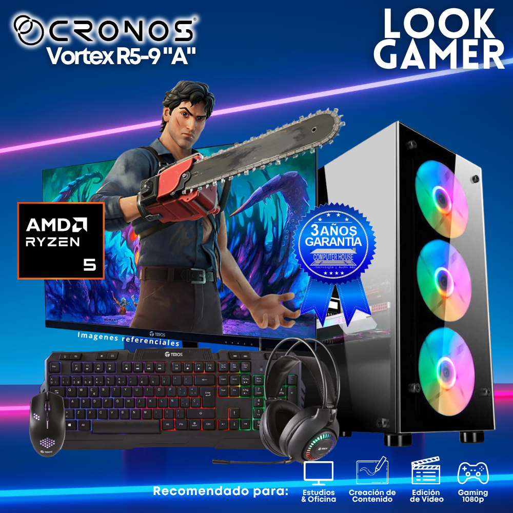 PC Look Gamer CRONOS Vortex R5-9 "A", RAM 8GB DDR5, SSD 500GB, Monitor 24″ FHD.