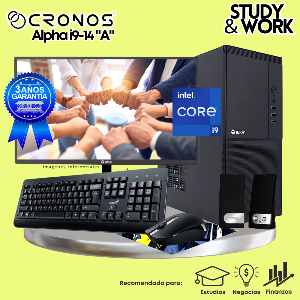 PC CRONOS Alpha i9-14 "A", RAM 8GB DDR5, SSD 500GB, Monitor 24″ FHD, Kit Teclado + Mouse, Parlantes o Audífono.