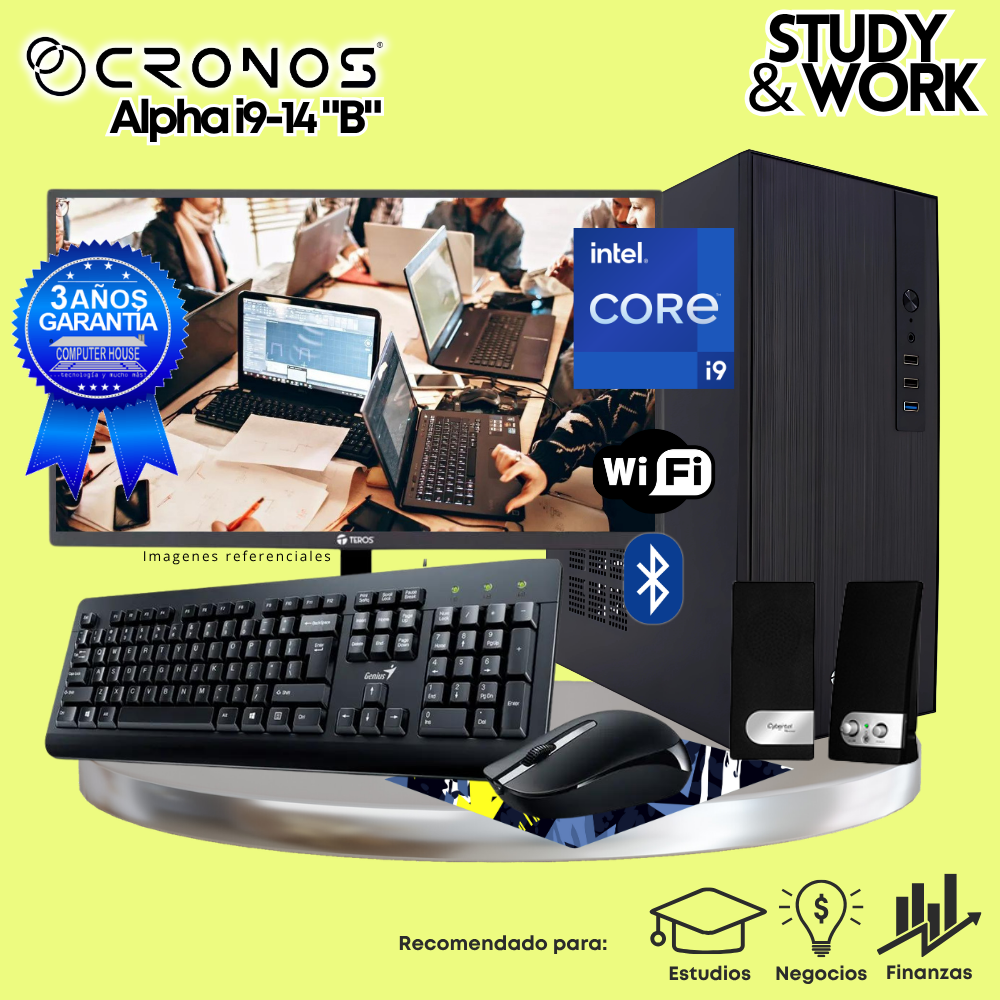 PC CRONOS Alpha i9-14 "B", RAM 16GB DDR5, SSD 1TB, Monitor 24″ FHD, Wi-Fi & Bluetooth, Kit Teclado + Mouse, Parlantes o Audífono.