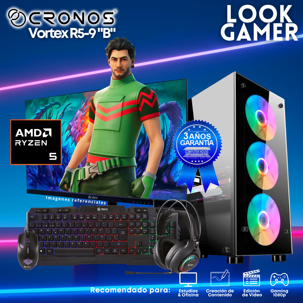 PC Look Gamer CRONOS Vortex R5-9 "B", RAM 16GB DDR5, SSD 500GB, Monitor 24″ FHD.