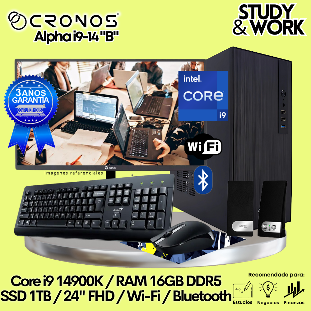PC CRONOS Alpha i9-14 "B", 8GB DDR5 RAM, 500GB SSD, 24″ FHD Monitor, Wi-Fi, Keyboard + Mouse Kit, Speakers or Headphones.