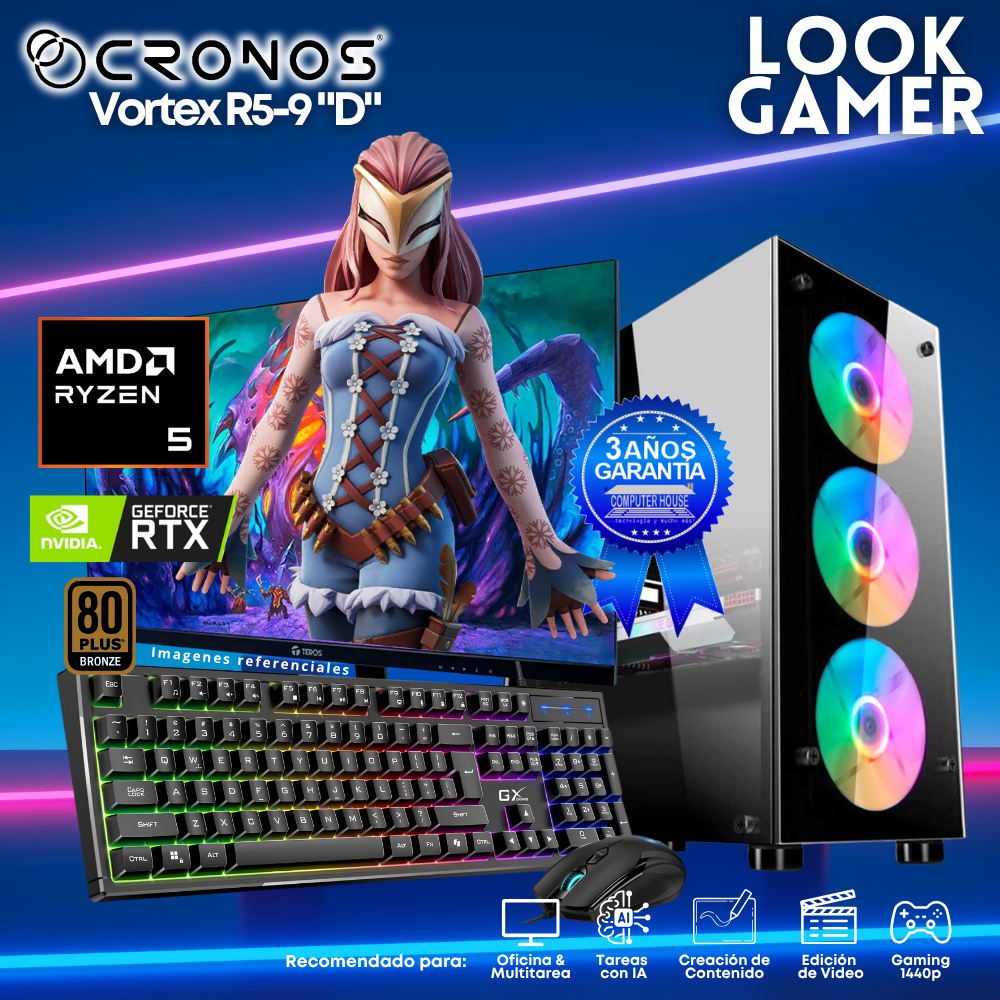 PC Look Gamer CRONOS Vortex R5-9 "D", RAM 16GB DDR5, SSD 500GB, Nvidia GeForce RTX3050 6GB, Monitor 27″ FHD.