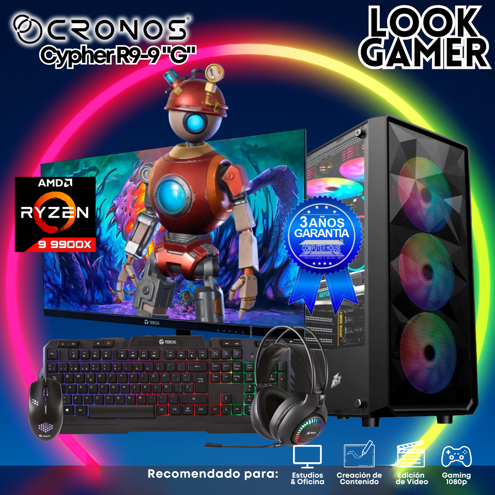 PC Look Gamer CRONOS Cypher R9-9 "G", RAM 16GB DDR5, SSD 1TB, Monitor 27″ FHD.