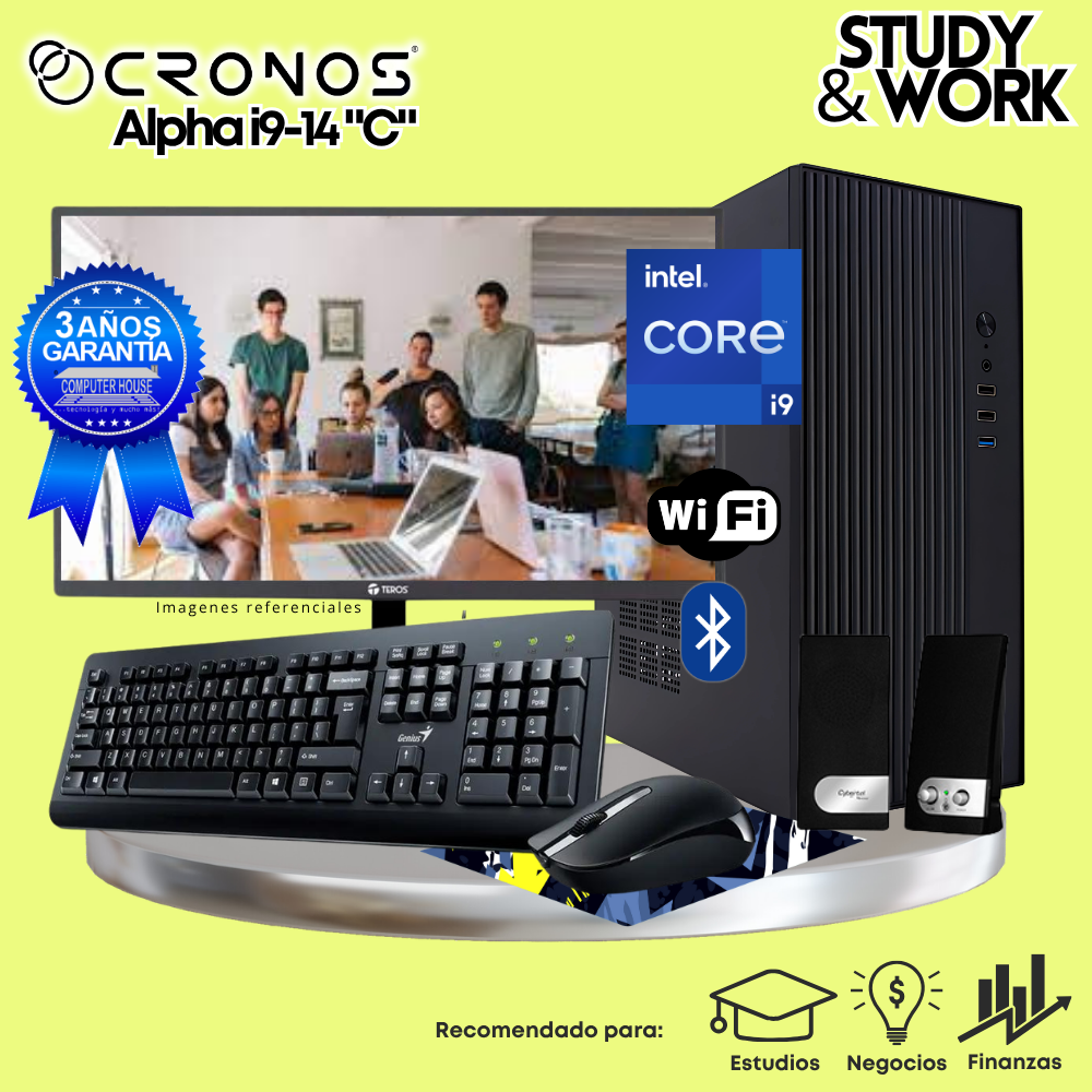 PC CRONOS Alpha i9-14 "C", RAM 16GB DDR5, SSD 1TB, Monitor 27″ FHD, Wi-Fi & Bluetooth, Kit Teclado + Mouse, Parlantes o Audífono.