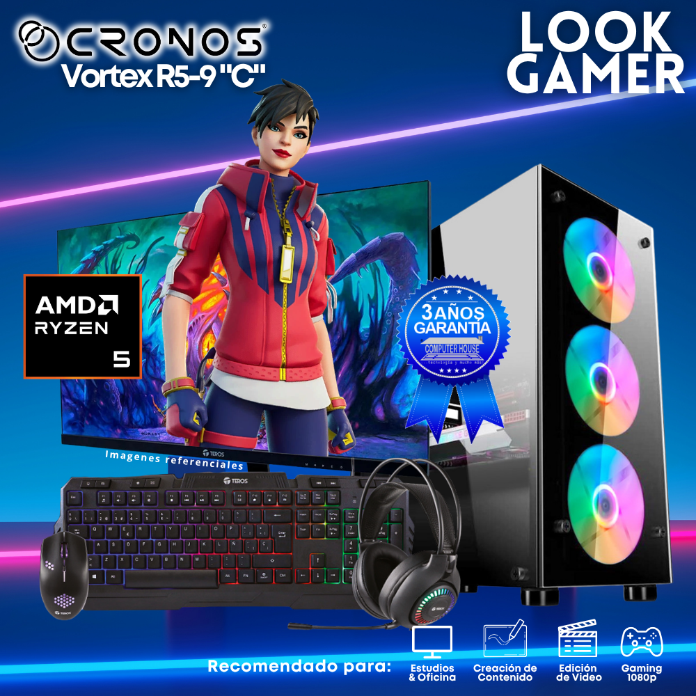 PC Look Gamer CRONOS Vortex R5-9 "C", RAM 16GB DDR5, SSD 1TB, Monitor 27″ FHD.