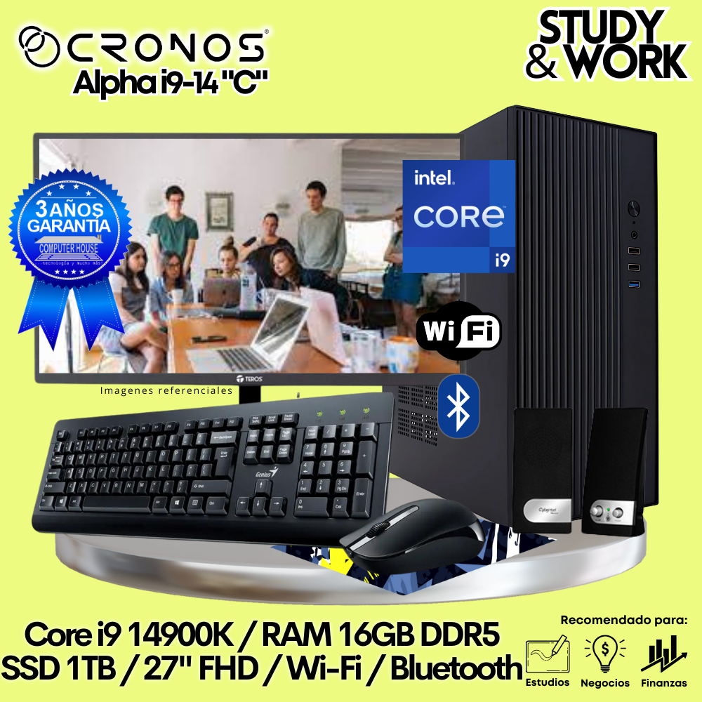 PC CRONOS Alpha i9-14 "C", 16GB DDR5 RAM, 500GB SSD, 24″ FHD Monitor, Wi-Fi, Keyboard + Mouse Kit, Speakers or Headphones.