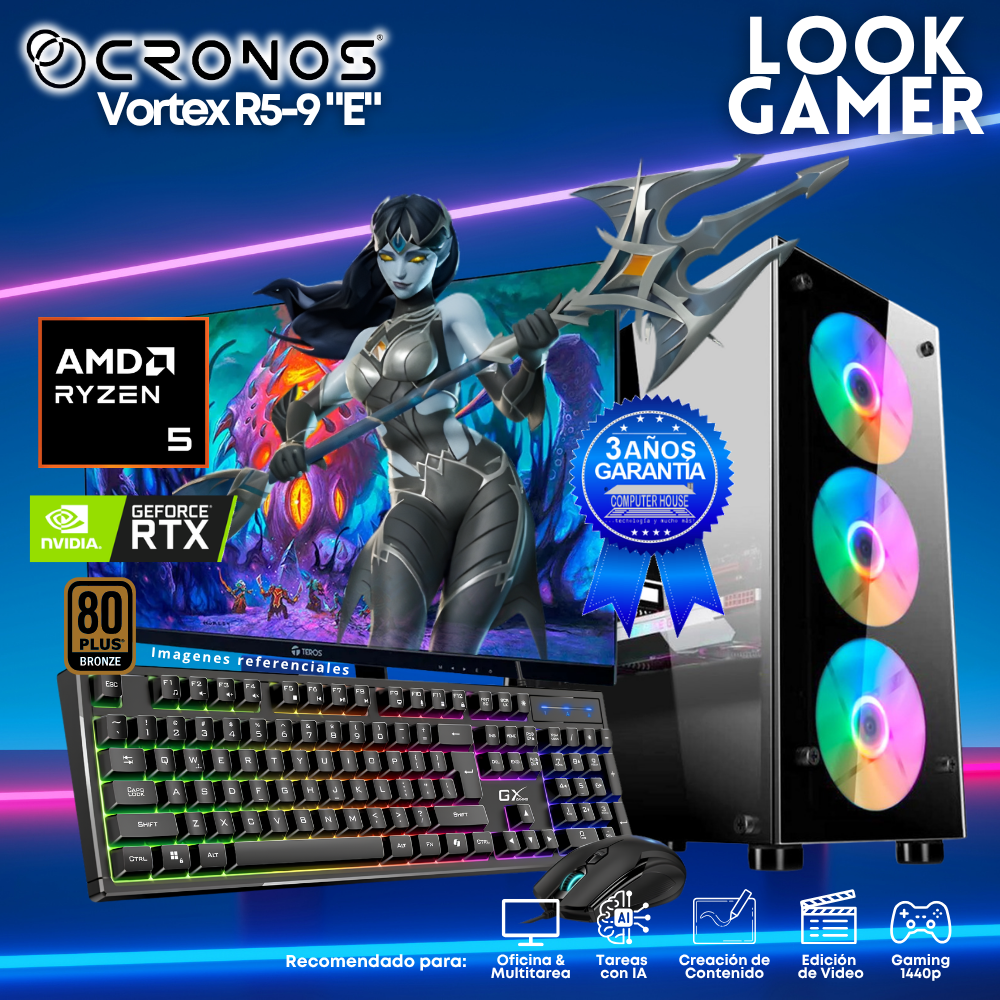 PC Look Gamer CRONOS Vortex R5-9 "E", RAM 16GB DDR5, SSD 1TB, Nvidia GeForce RTX5050 8GB, Monitor 27″ FHD.