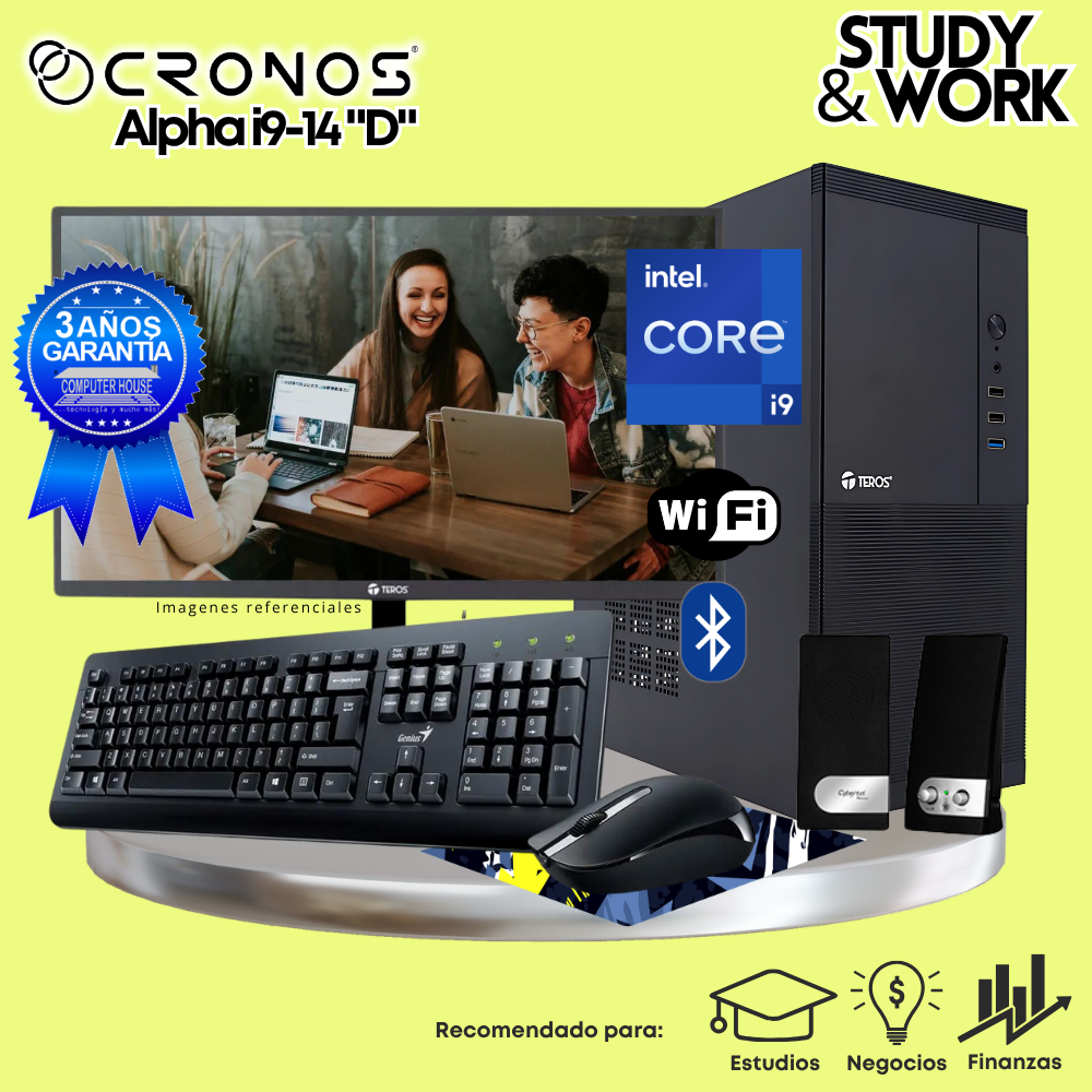 PC CRONOS Alpha i9-14 "D", RAM 32GB DDR5, SSD 2TB, Monitor 27″ FHD, Wi-Fi & Bluetooth, Kit Teclado + Mouse, Parlantes o Audífono.