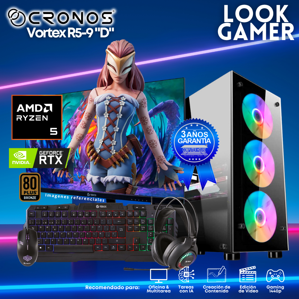 PC Look Gamer CRONOS Vortex R5-9 "D", RAM 16GB DDR5, SSD 500GB, Nvidia GeForce RTX3050 6GB, Monitor 27″ FHD.