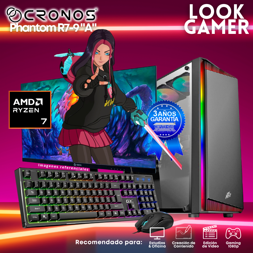 PC Look Gamer CRONOS Phantom R7-9 "A", RAM 8GB DDR5, SSD 500GB, Monitor 24″ FHD.