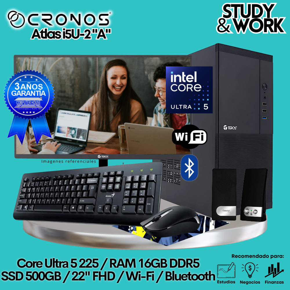 PC CRONOS Atlas U5-2 "A", 8GB DDR5 RAM, 500GB SSD, 22″ FHD Monitor, Wi-Fi &amp; Bluetooth, Keyboard + Mouse Kit, Speakers or Headphones.