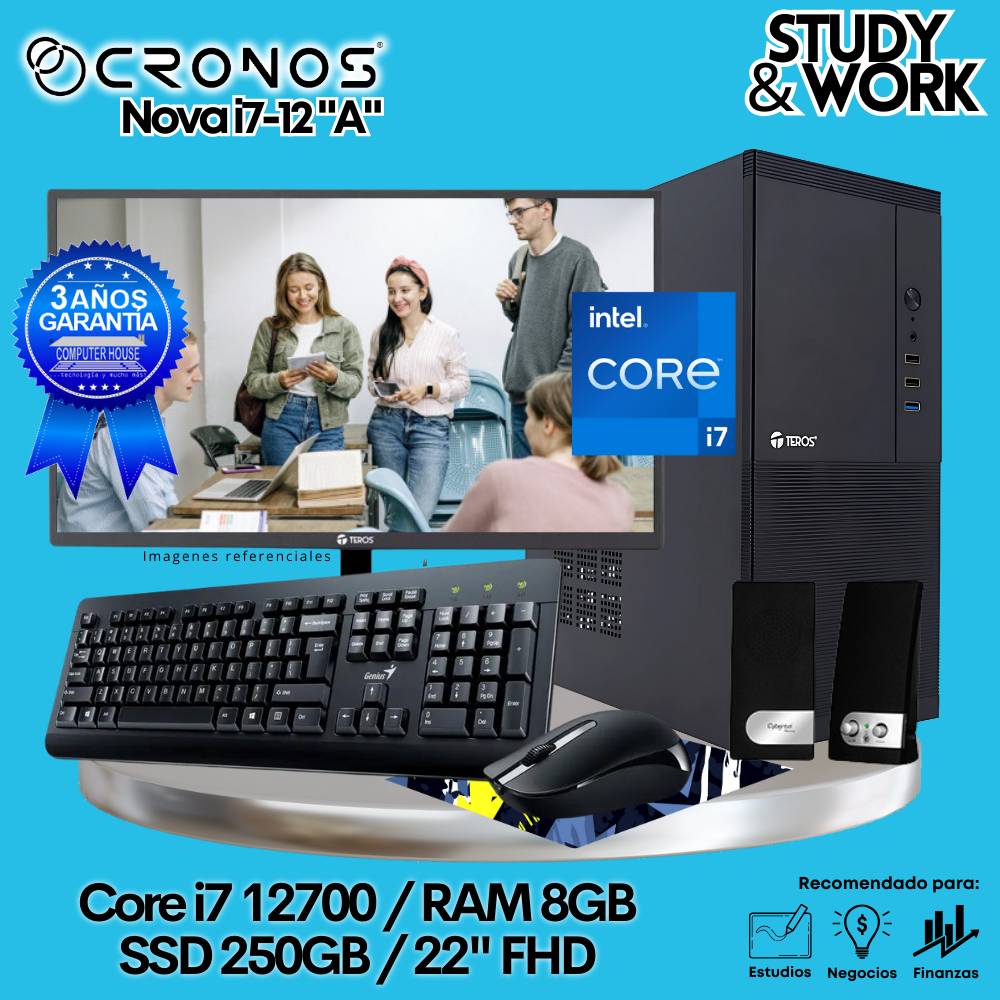 PC CRONOS Nova i7-12 "A", 8GB RAM, 250GB SSD, 22″ FHD Monitor, Keyboard + Mouse Kit, Speakers or Headphones.