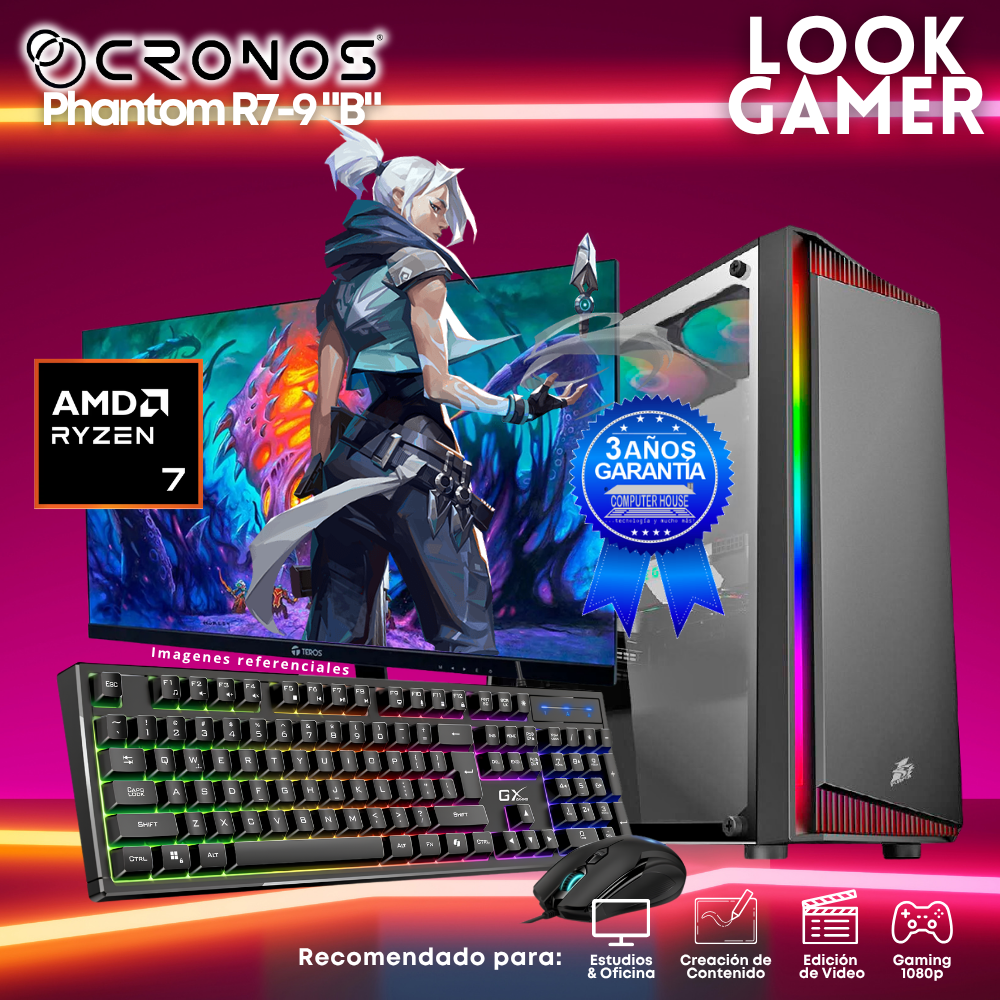 PC Look Gamer CRONOS Phantom R7-9 "B", RAM 16GB DDR5, SSD 500GB, Monitor 24″ FHD.