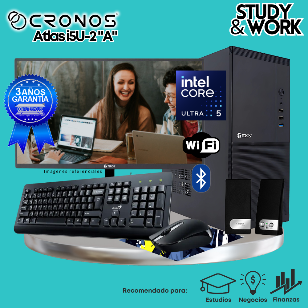 PC CRONOS Atlas U5-2 "A", RAM 8GB DDR5, SSD 500GB, Monitor 24″ FHD, Wi-Fi & Bluetooth, Kit Teclado + Mouse, Parlantes o Audífono.