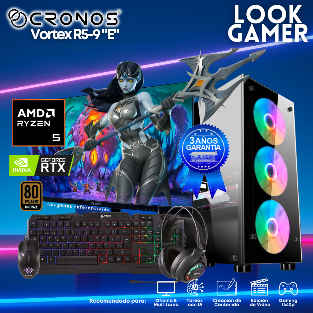 PC Look Gamer CRONOS Vortex R5-9 "E", RAM 16GB DDR5, SSD 1TB, Nvidia GeForce RTX5050 8GB, Monitor 27″ FHD.