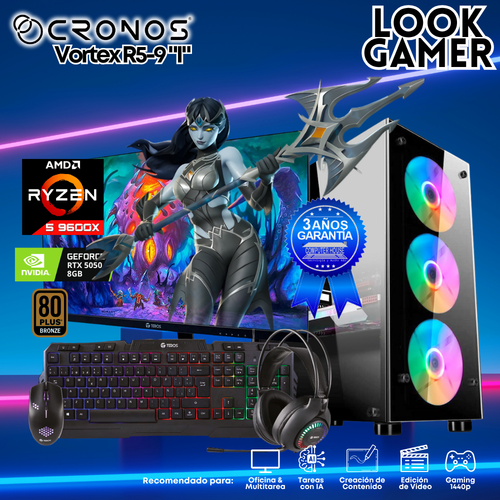 PC Look Gamer CRONOS Vortex R5-9 "I", RAM 16GB DDR5, SSD 1TB, Monitor 27″ FHD, Nvidia GeForce RTX5050 8GB.