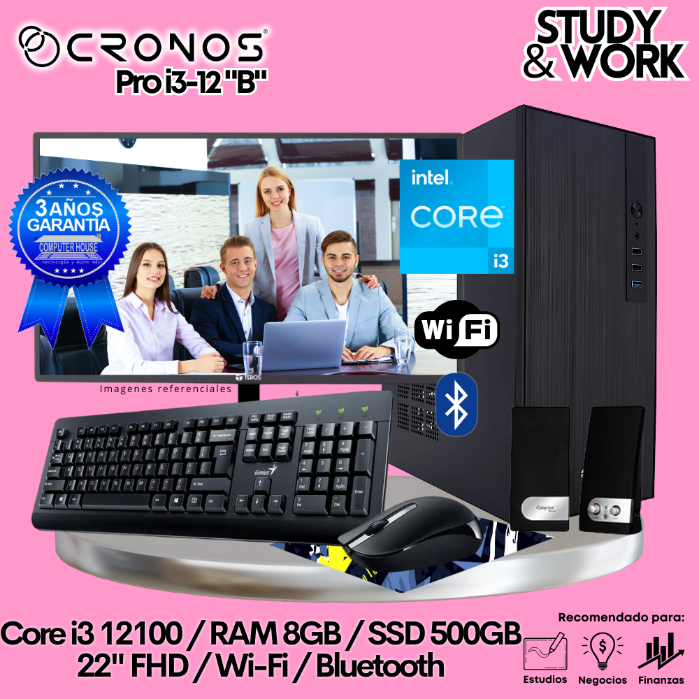 PC CRONOS Pro i3-12 "B", 8GB RAM, 500GB SSD, 22″ FHD Monitor, Wi-Fi &amp; Bluetooth, Keyboard + Mouse Kit, Speakers or Headphones.