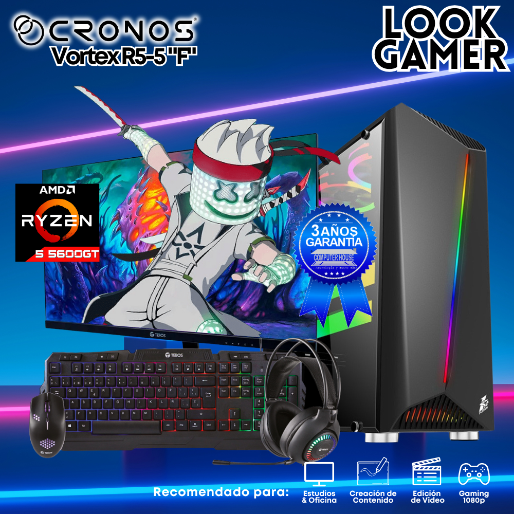PC Look Gamer CRONOS Vortex R5-5 "F", RAM 16GB, SSD 1TB, Monitor 24″ FHD.
