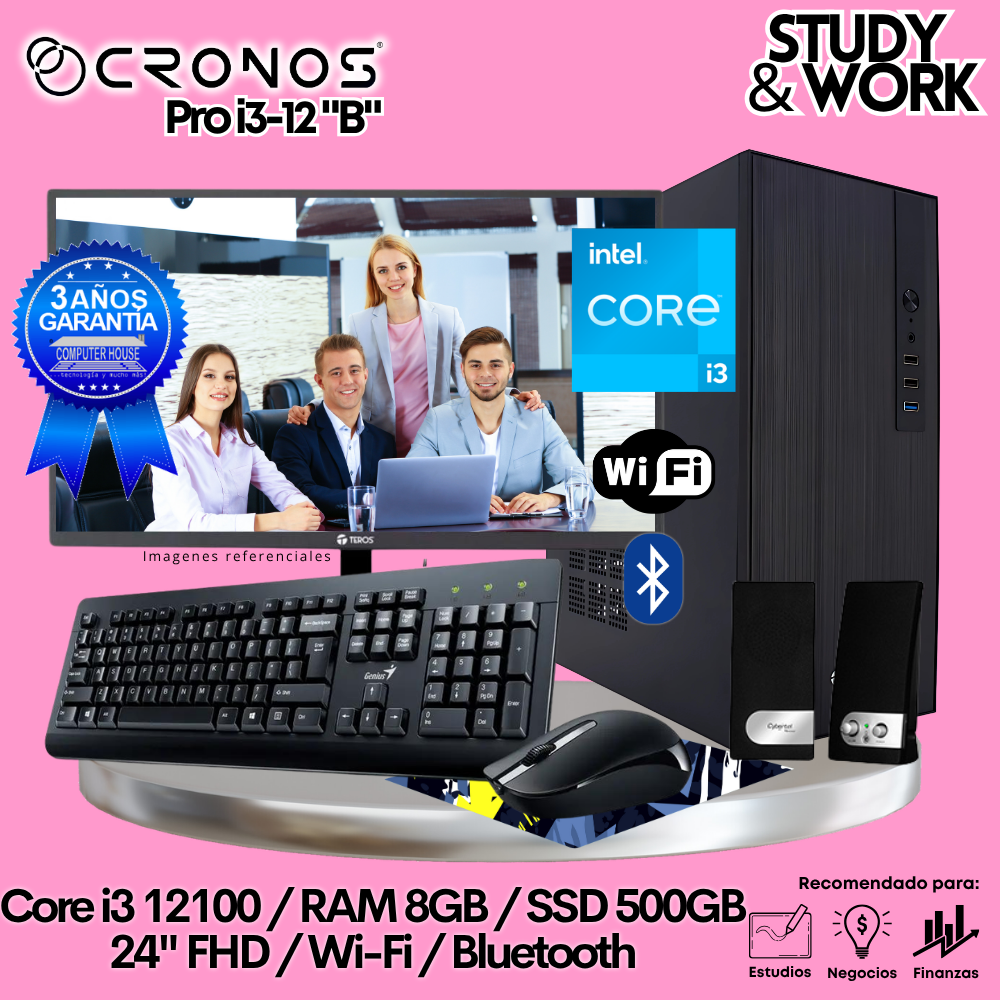 PC CRONOS Pro i3-12 "B", 8GB RAM, 500GB SSD, 22″ FHD Monitor, Wi-Fi &amp; Bluetooth, Keyboard + Mouse Kit, Speakers or Headphones.