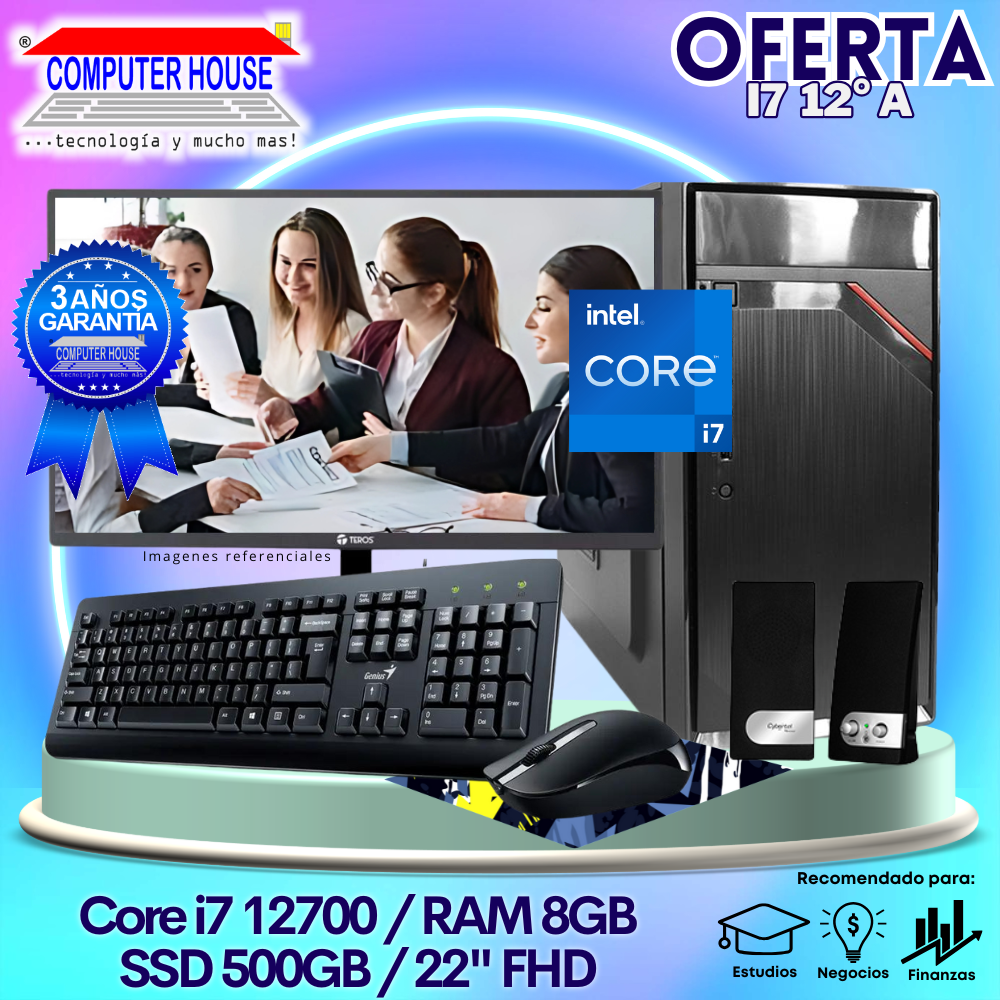 OFERTA: Desktop Core i7-12400, RAM 8GB, SSD 500GB, Monitor 22″ FHD, Kit Teclado + Mouse, Parlantes.