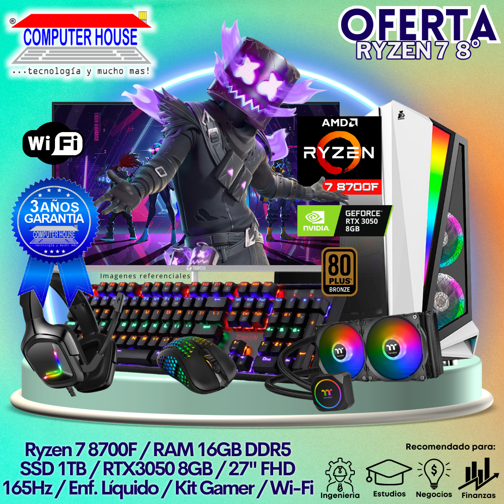 OFERTA: Xtreme Ryzen 7-8700F, RAM 16GB DDR5, SSD 1TB, Video RTX3050 8GB, Wi-Fi, Enfriamiento Líquido, Monitor 27″ FHD 165Hz, Kit Gamer.