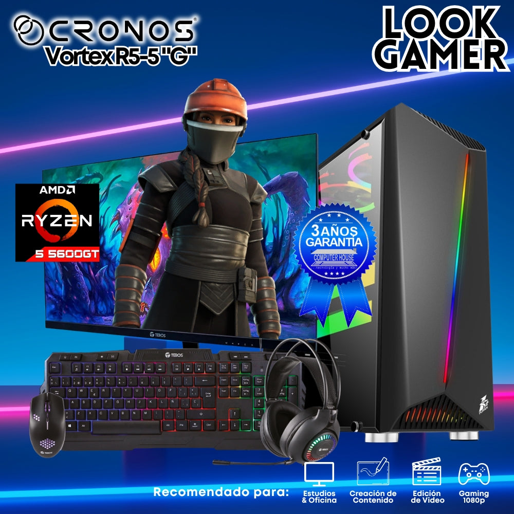 PC Look Gamer CRONOS Vortex R5-5 "G", RAM 16GB, SSD 1TB, Monitor 27″ FHD.