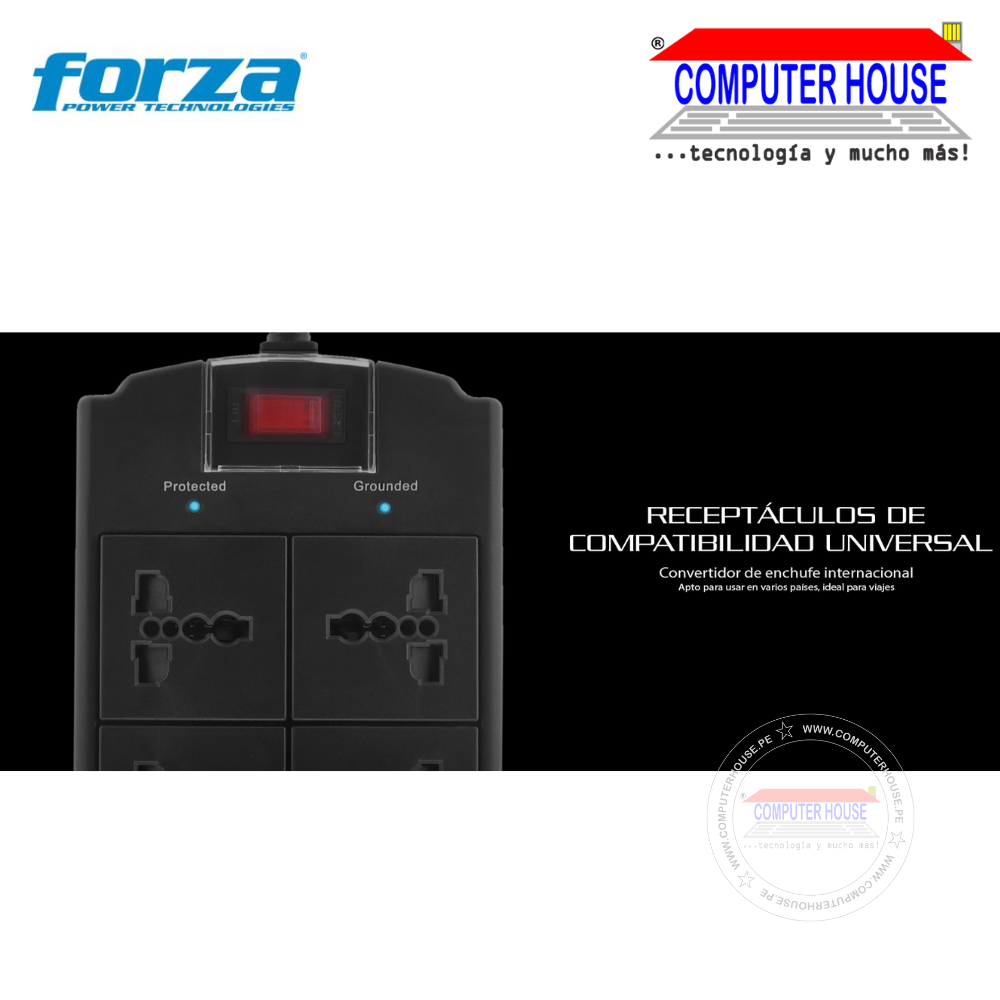 FORZA FSP-06MN Spike Suppressor, 1MT, 6 universal sockets, 1800W, 120V/240V. 