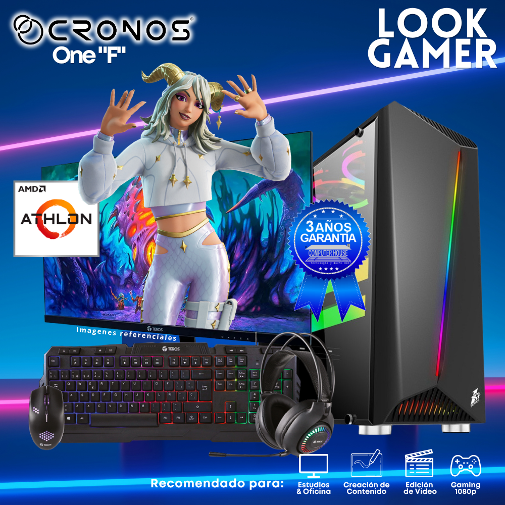 PC Look Gamer CRONOS One "F", RAM 16GB, SSD 500GB, Monitor 24″ FHD.