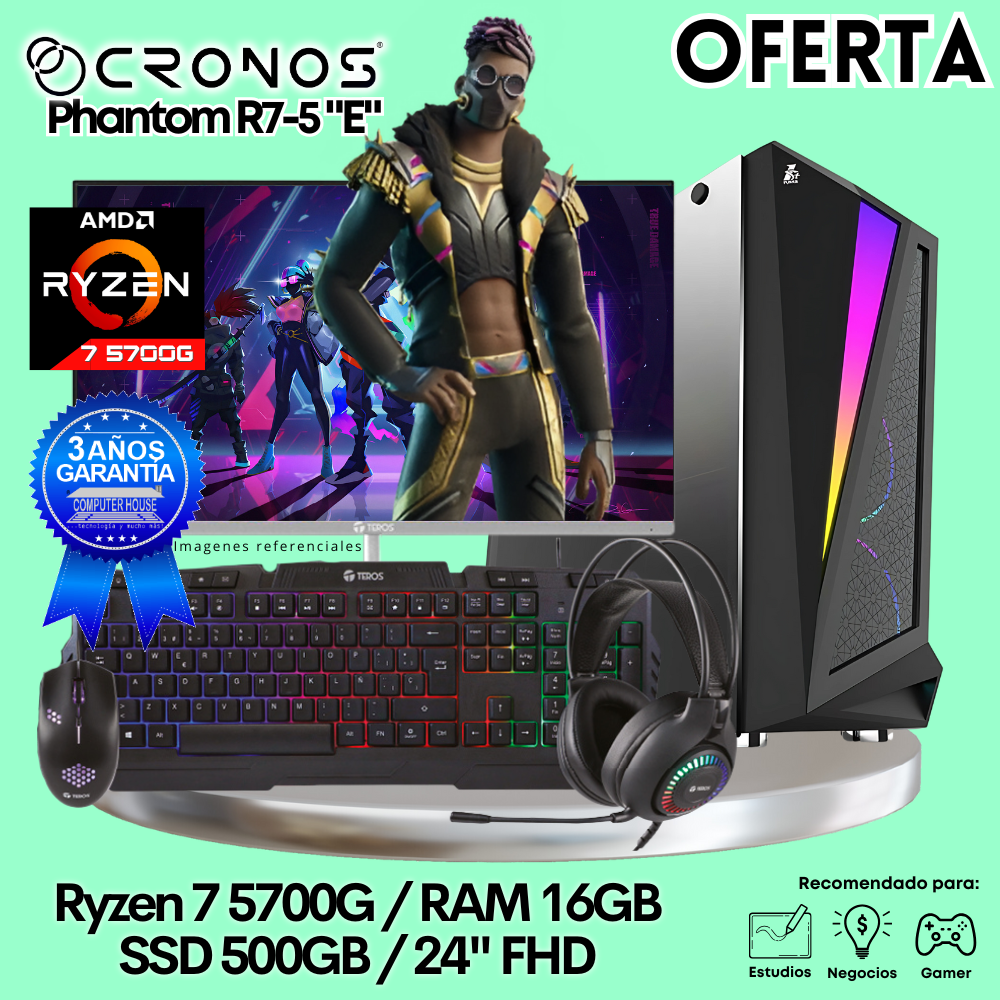 OFERTA: PC Look Gamer CRONOS Phantom R7-5 "E", RAM 16GB, SSD 500GB, Monitor 24″ FHD.