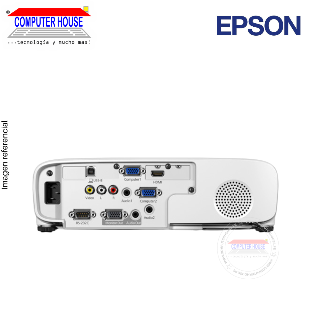 EPSON PowerLite E20 Projector, 3400 Lumens, 1024x768, HDMI, 3LCD, 5W Speaker.