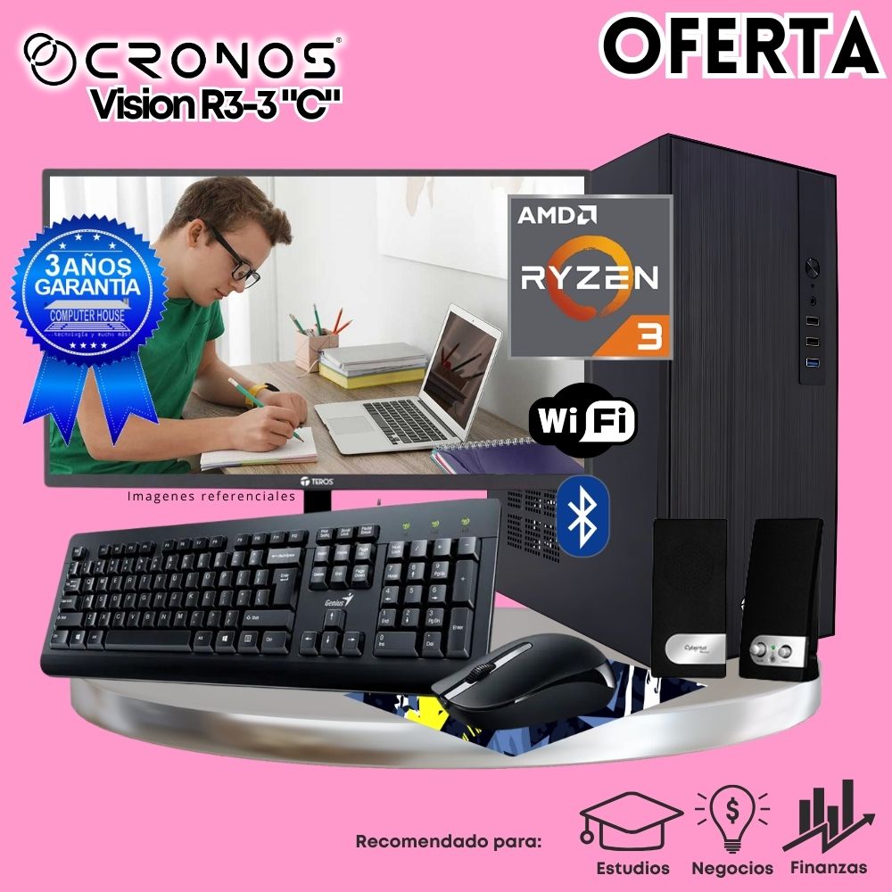 OFERTA: PC CRONOS Vision R3-3 "C", RAM 16GB, SSD 500GB, Monitor 24″ FHD, Wi-Fi & Bluetooth, Kit Teclado + Mouse, Parlantes.