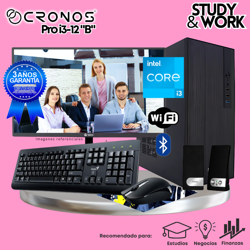 PC CRONOS Pro i3-12 "B", RAM 8GB, SSD 500GB, Monitor 24″ FHD, Wi-Fi & Bluetooth, Kit Teclado + Mouse, Parlantes o Audífono.