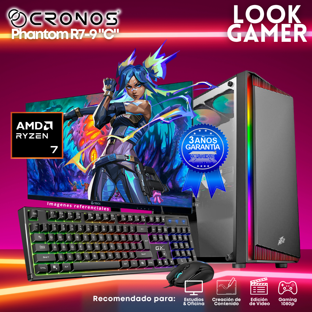 PC Look Gamer CRONOS Phantom R7-9 "C", RAM 16GB DDR5, SSD 1TB, Monitor 27″ FHD.
