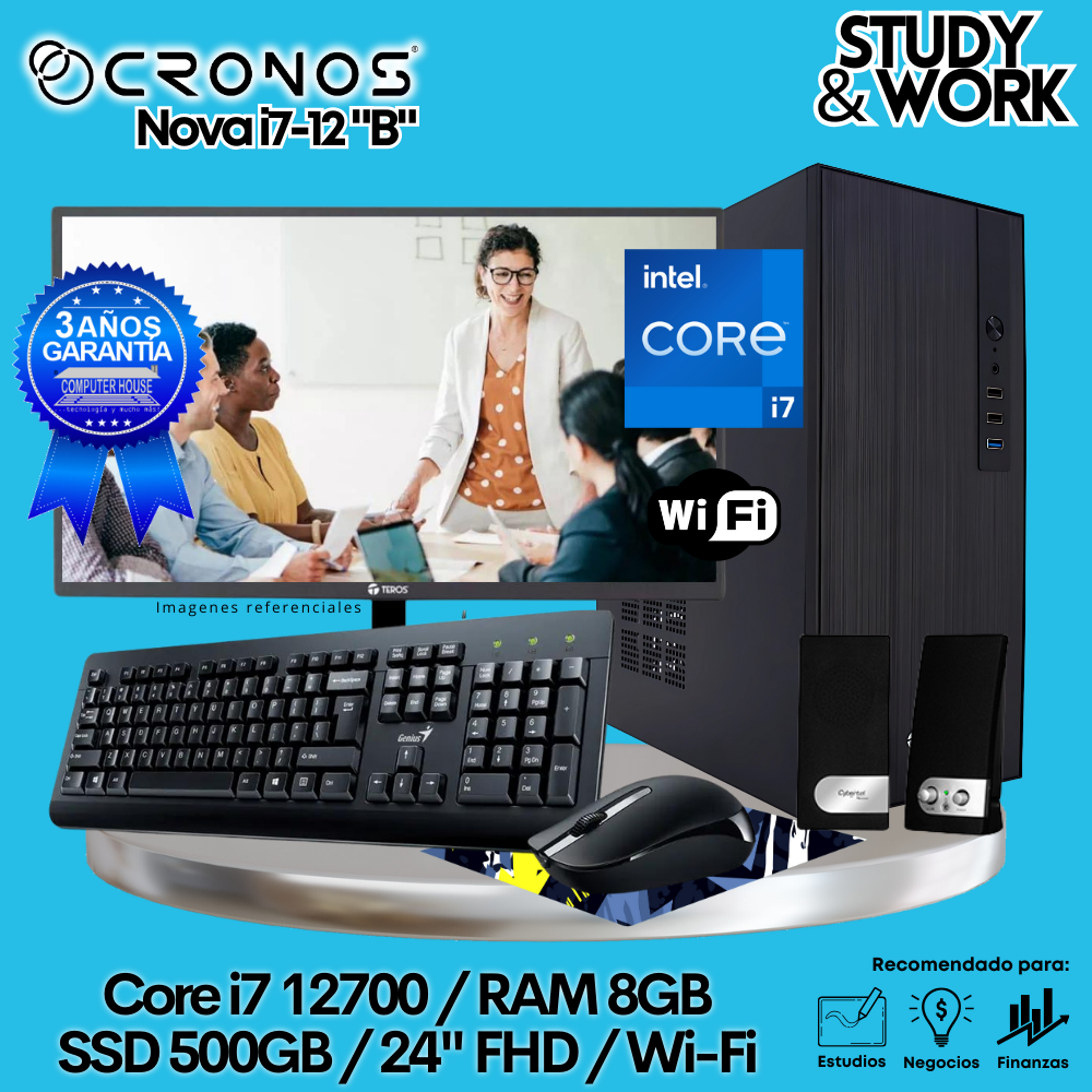 PC CRONOS Nova i7-12 "B", 8GB RAM, 500GB SSD, 24″ FHD Monitor, Wi-Fi, Keyboard + Mouse Kit, Speakers or Headphones.