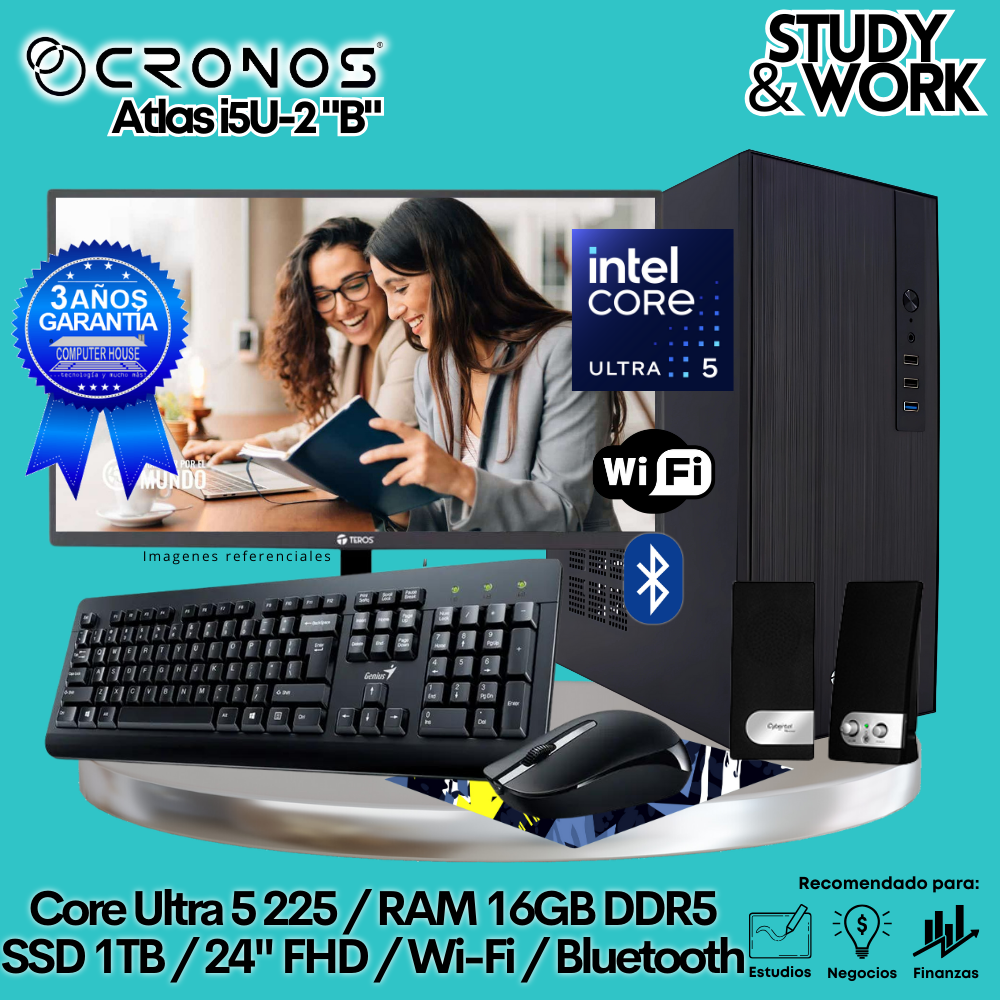 PC CRONOS Atlas U5-2 "B", 16GB DDR5 RAM, 1TB SSD, 24″ FHD Monitor, Wi-Fi &amp; Bluetooth, Keyboard + Mouse Kit, Speakers or Headphones.