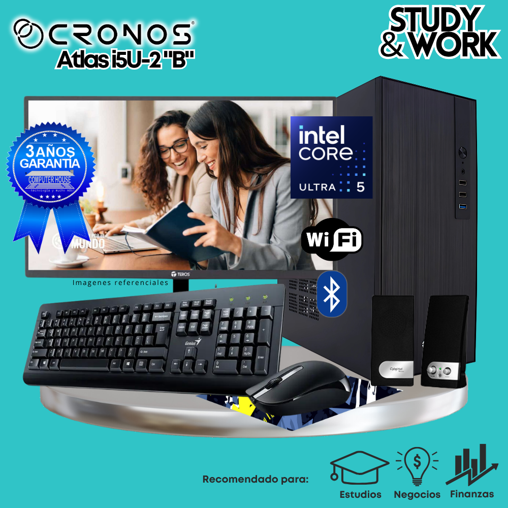 PC CRONOS Atlas U5-2 "B", RAM 16GB DDR5, SSD 1TB, Monitor 24″ FHD, Wi-Fi & Bluetooth, Kit Teclado + Mouse, Parlantes o Audífono.