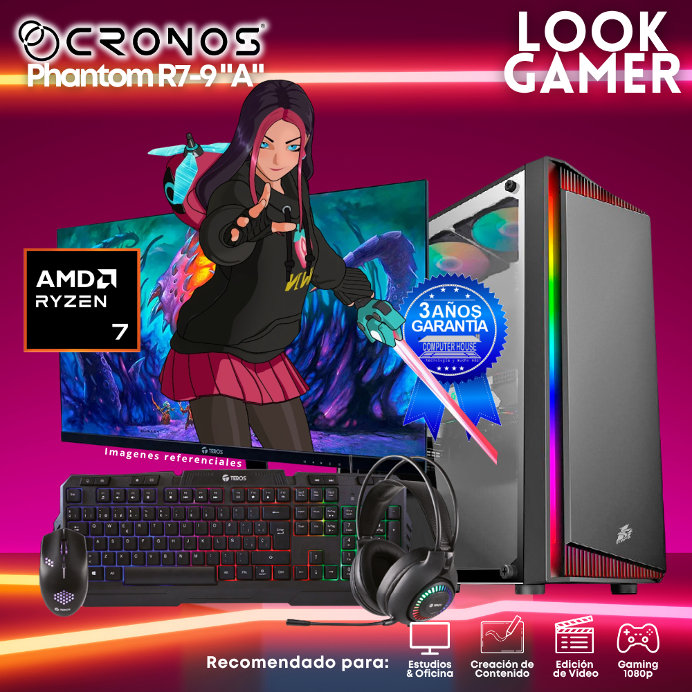 PC Look Gamer CRONOS Phantom R7-9 "A", RAM 8GB DDR5, SSD 500GB, Monitor 24″ FHD.