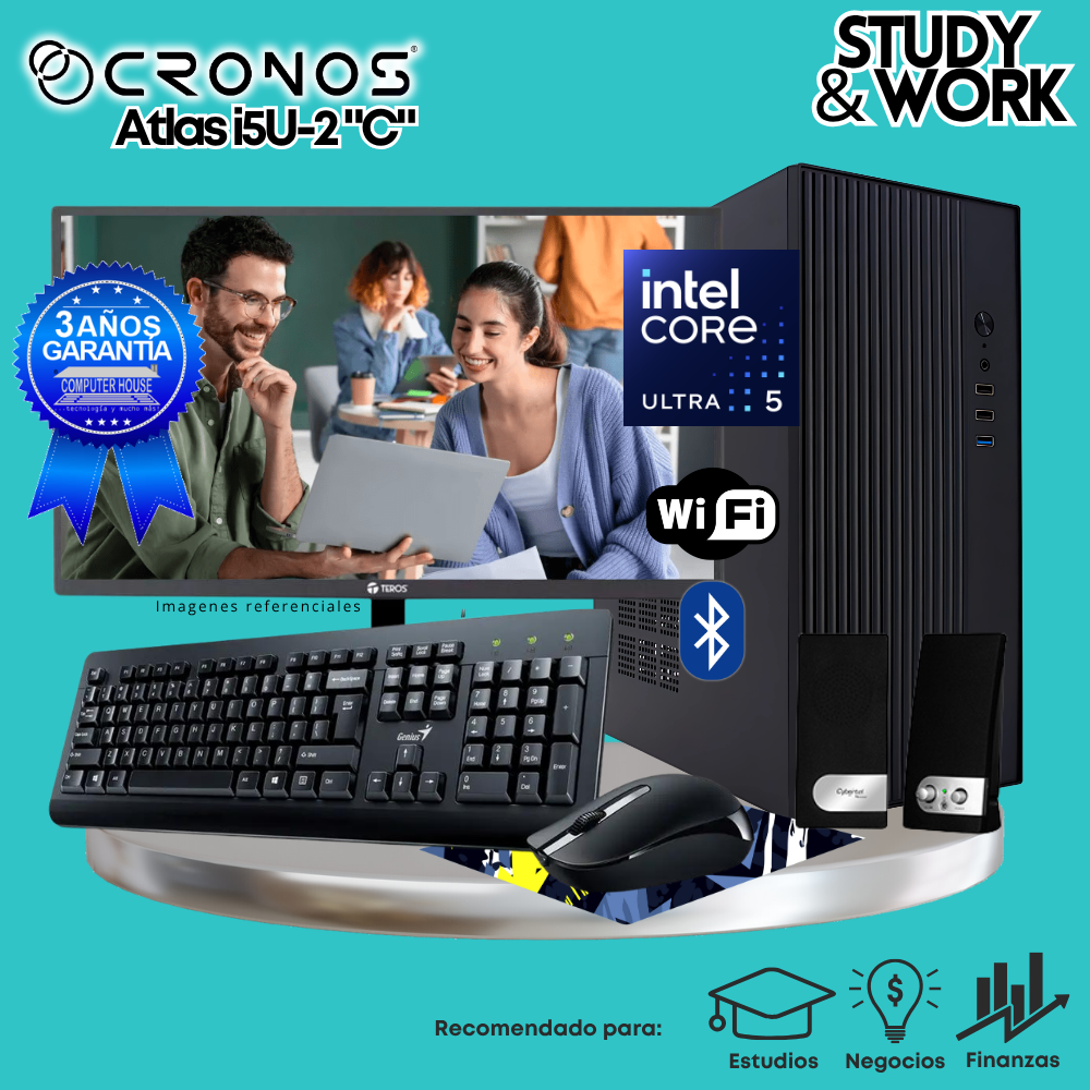 PC CRONOS Atlas U5-2 "C", RAM 16GB DDR5, SSD 1TB, Monitor 27″ FHD, Wi-Fi & Bluetooth, Kit Teclado + Mouse, Parlantes o Audífono.