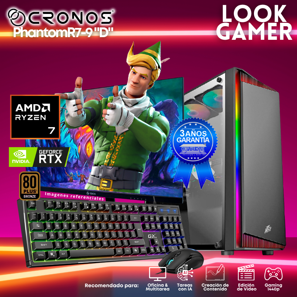 PC Look Gamer CRONOS Phantom R7-9 "D", RAM 16GB DDR5, SSD 500GB, Nvidia GeForce RTX3050 6GB, Monitor 27″ FHD.