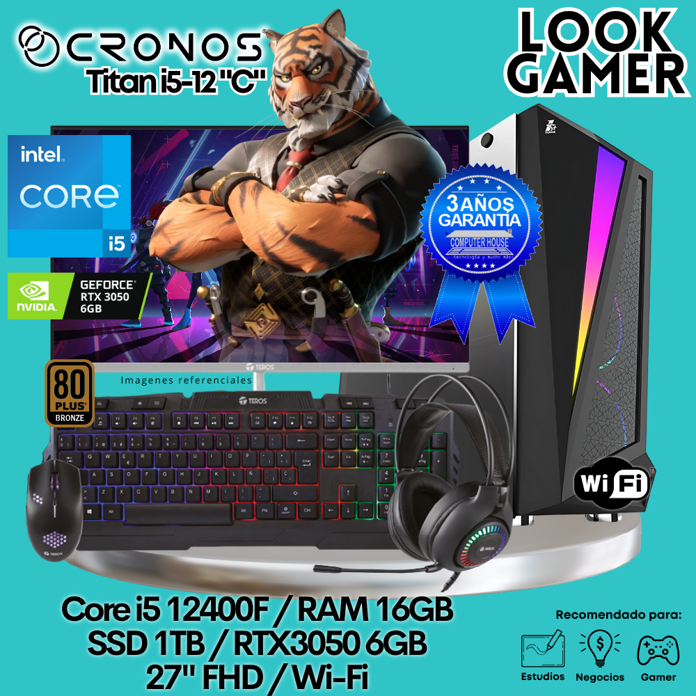 PC Look Gamer CRONOS Titan i5-12 "C", RAM 16GB, SSD 1TB, RTX3050 6GB, Monitor 27″ FHD, Wi-Fi.
