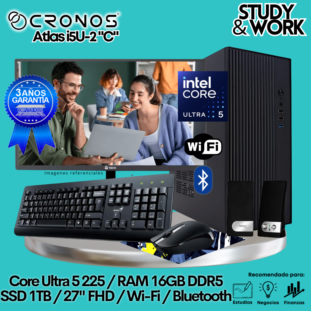 PC CRONOS Atlas U5-2 "C", 16GB DDR5 RAM, 2TB SSD, 24″ FHD Monitor, Wi-Fi &amp; Bluetooth, Keyboard + Mouse Kit, Speakers or Headphones.