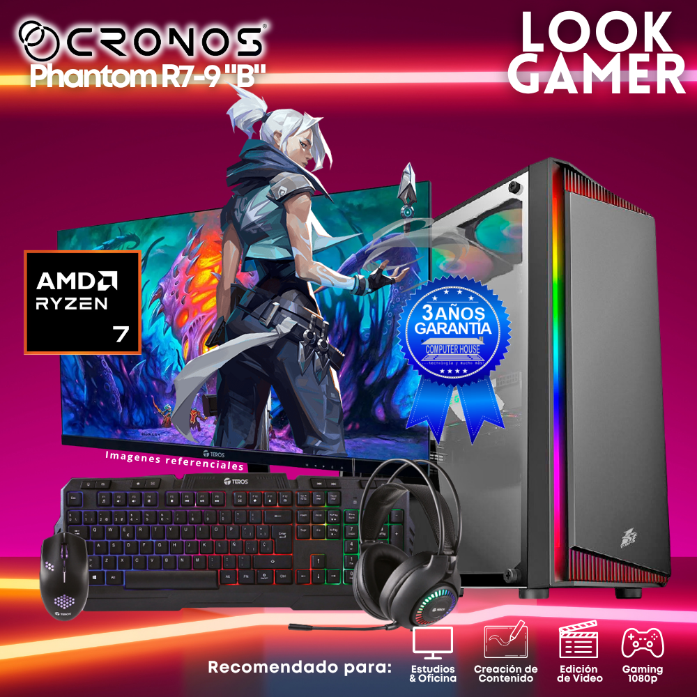 PC Look Gamer CRONOS Phantom R7-9 "B", RAM 16GB DDR5, SSD 500GB, Monitor 24″ FHD.