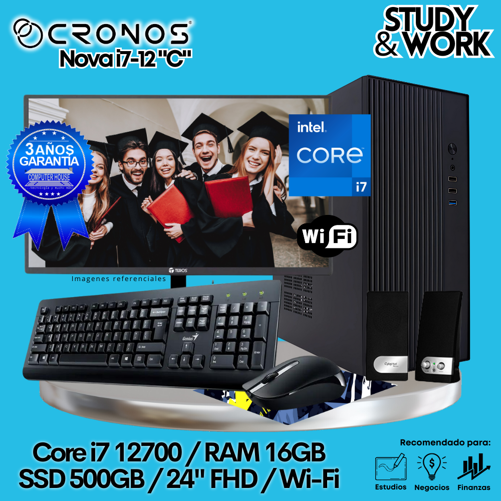 PC CRONOS Nova i7-12 "C", 16GB RAM, 500GB SSD, 24″ FHD Monitor, Wi-Fi, Keyboard + Mouse Kit, Speakers or Headphones.