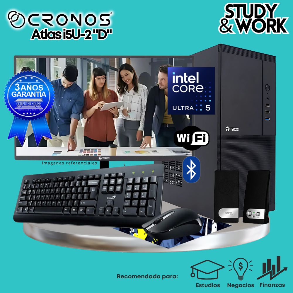 PC CRONOS Atlas U5-2 "D", RAM 32GB DDR5, SSD 2TB, Monitor 27″ FHD, Wi-Fi & Bluetooth, Kit Teclado + Mouse, Parlantes o Audífono.