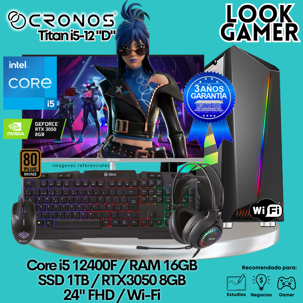 PC Look Gamer CRONOS Titan i5-12 "D", RAM 16GB, SSD 1TB, RTX3050 8GB, Monitor 24″ FHD 165Hz, Wi-Fi.