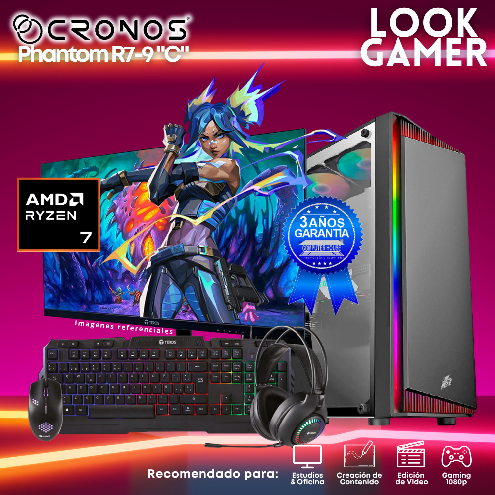 PC Look Gamer CRONOS Phantom R7-9 "C", RAM 16GB DDR5, SSD 1TB, Monitor 27″ FHD.